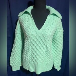 Mint Green Collared V-Neck Cable Knit Sweater